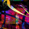 Colorful abstract art piece featuring vivid geometric patterns and multicolored stripes.